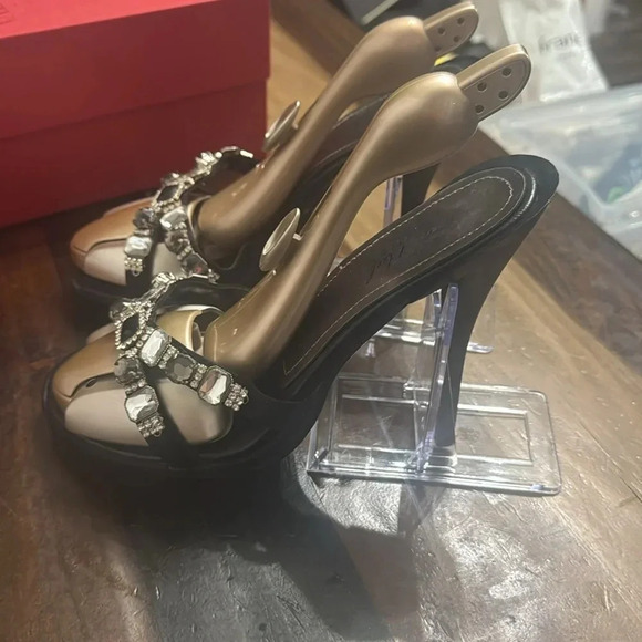 Black Stiletto& Satin mule Rhinestone Gem Heels 8 - Picture 3 of 10